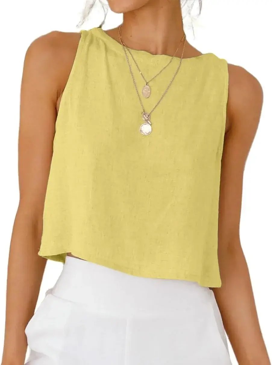 Prime Parcel women's linen crop tank top, sleeveless spring-summer women's clothing, stylish and breathable linen tank top.