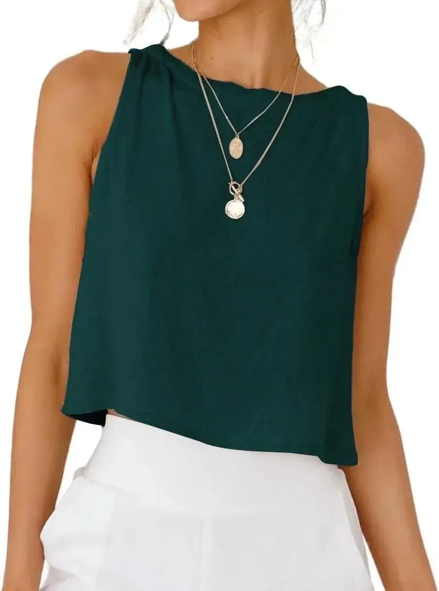 Prime Parcel women's linen crop tank top, sleeveless spring-summer women's clothing, light-colored and breathable fabric.