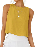 Prime Parcel women's linen crop tank top, sleeveless spring-summer women's clothing, stylish and lightweight for warm weather.