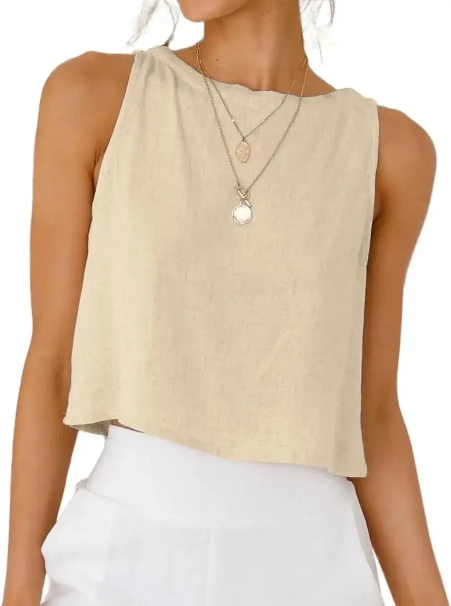 Prime Parcel women's linen crop tank top, sleeveless spring-summer sleeveless top, casual women's summer clothing.