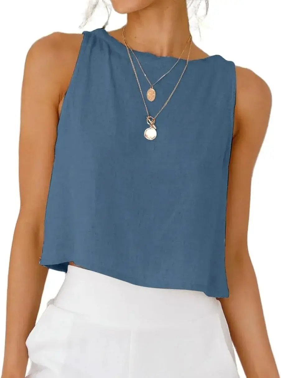 Prime Parcel women's linen crop tank top, sleeveless spring-summer women’s clothing, stylish and breathable summer top.