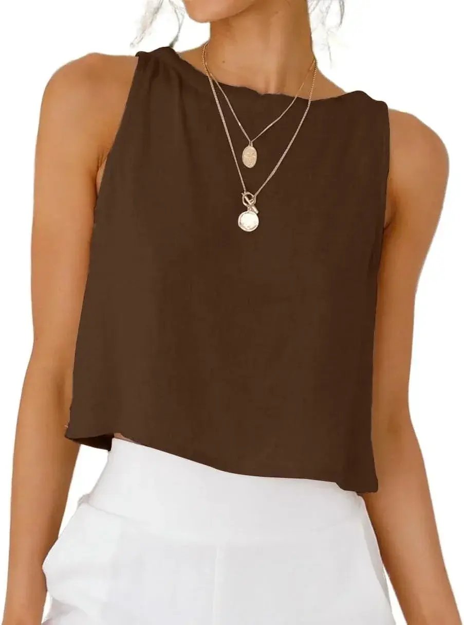 Prime Parcel women's linen crop tank top, sleeveless summer blouse with a relaxed fit, perfect for spring and summer wear.