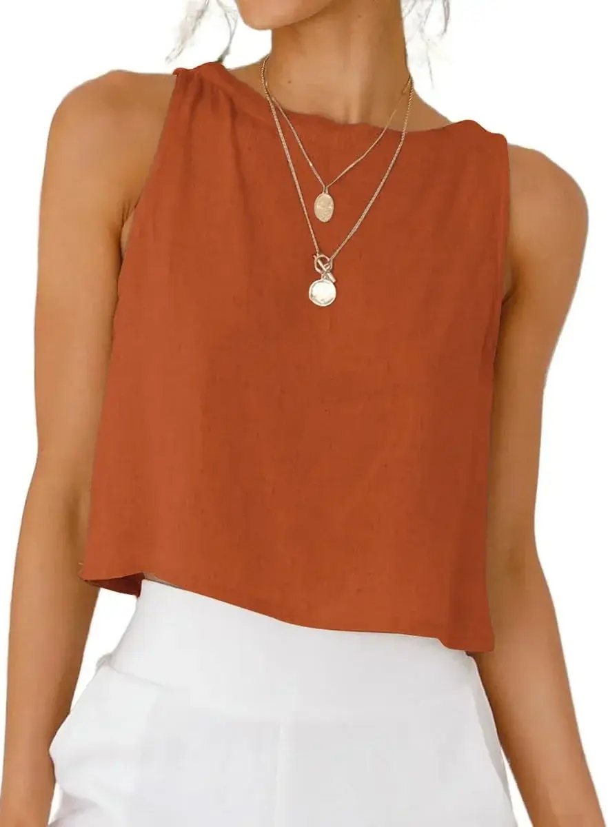 Prime Parcel women's linen crop tank top, sleeveless spring-summer fashion blouse, casual and breathable summer clothing for women.