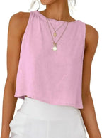 Lavender sleeveless crop top with relaxed fit, paired with white pants and layered necklaces for casual style