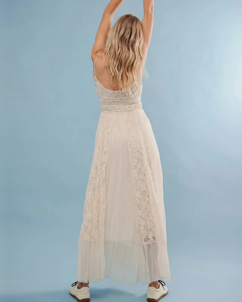 Prime Parcel women's bohemian maxi dress with lace floral embroidery, flowy A-line design, perfect for summer beach or casual wear.