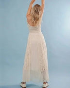 Prime Parcel women's bohemian maxi dress with lace floral embroidery, flowy A-line design, perfect for summer beach or casual wear.