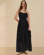 Women’s bohemian maxi dress with floral lace embroidery, flowy A-line design, perfect for summer beach wear by Prime Parcel.