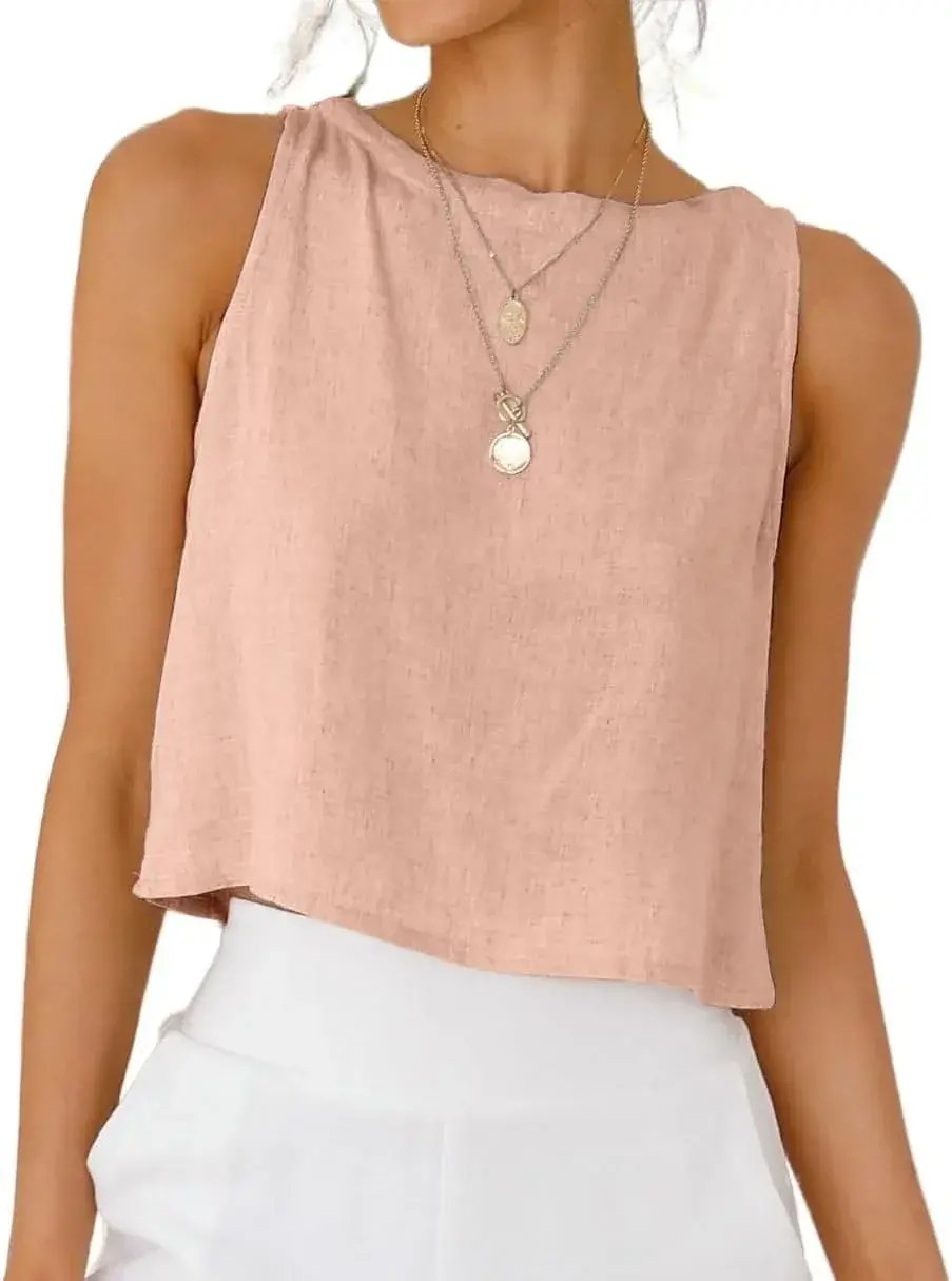 Prime Parcel women's linen crop tank top in beige, sleeveless spring-summer fashion, casual and breathable women’s clothing.
