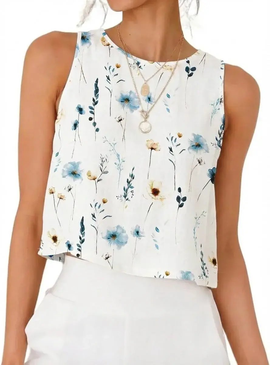 Prime Parcel women's linen crop tank top, sleeveless spring-summer top with a relaxed fit, ideal for casual warm-weather wear.