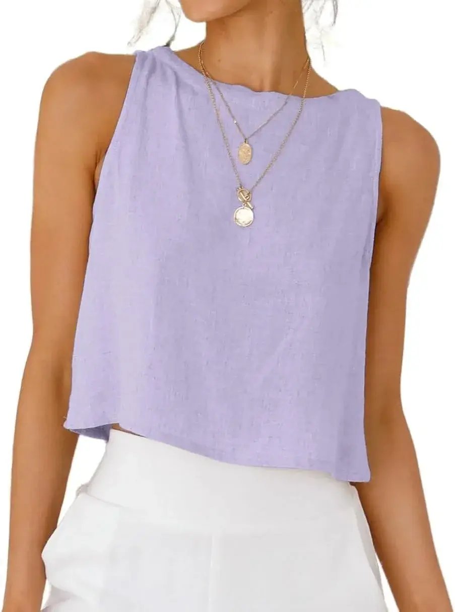 Prime Parcel women's linen crop tank top, sleeveless spring-summer women's clothing, lightweight and breathable for warm weather.