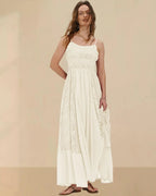 Prime Parcel women's bohemian maxi dress with lace, floral embroidery, flowy A-line design, perfect for summer beachwear.