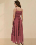 Prime Parcel women's bohemian maxi summer dress with lace, floral embroidery, and flowy A-line design for casual beach wear.