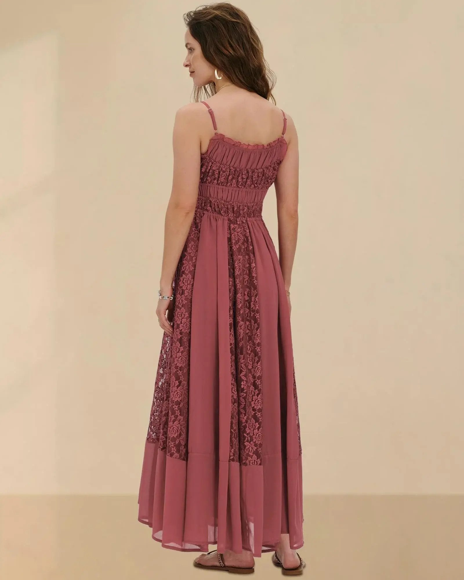 Prime Parcel women's bohemian maxi summer dress with lace, floral embroidery, and flowy A-line design for casual beach wear.