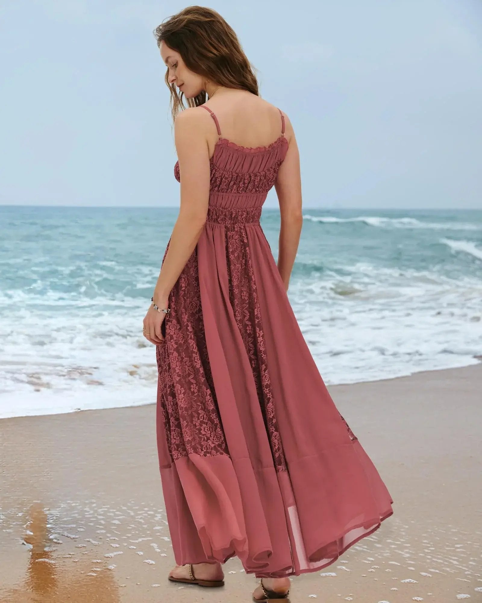 Prime Parcel women’s bohemian maxi dress with floral lace embroidery, flowy A-line design, perfect for summer and beach wear.