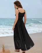Prime Parcel women's summer maxi dress with lace, floral embroidery, and bohemian flowy A-line design for beach and casual wear.