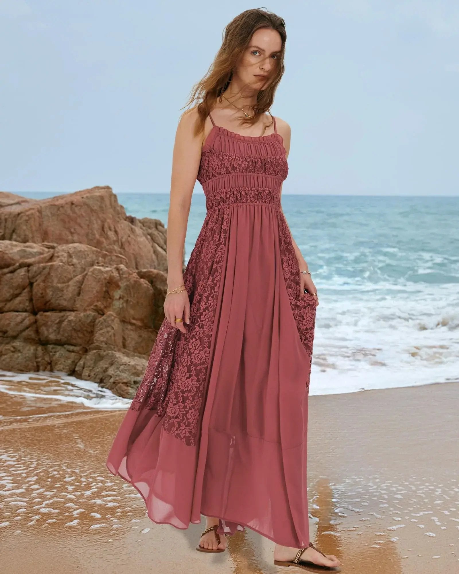 Prime Parcel women's summer lace floral embroidered bohemian maxi dress with flowy A-line silhouette and beach-ready long design.