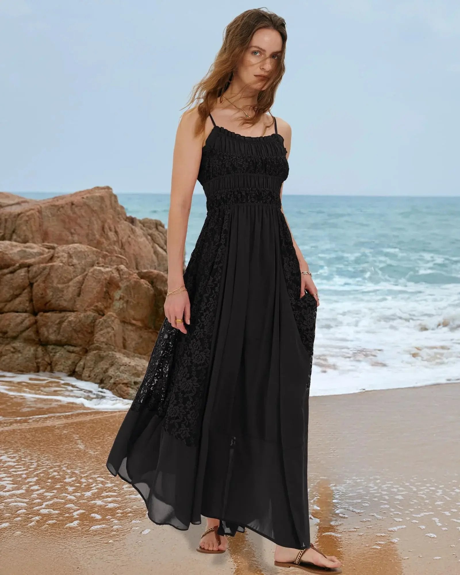 Gacaky Summer Dress for Women Casual Lace Floral Embroidered Bohemian Maxi Dress Flowy A Line Beach Long Dresses.