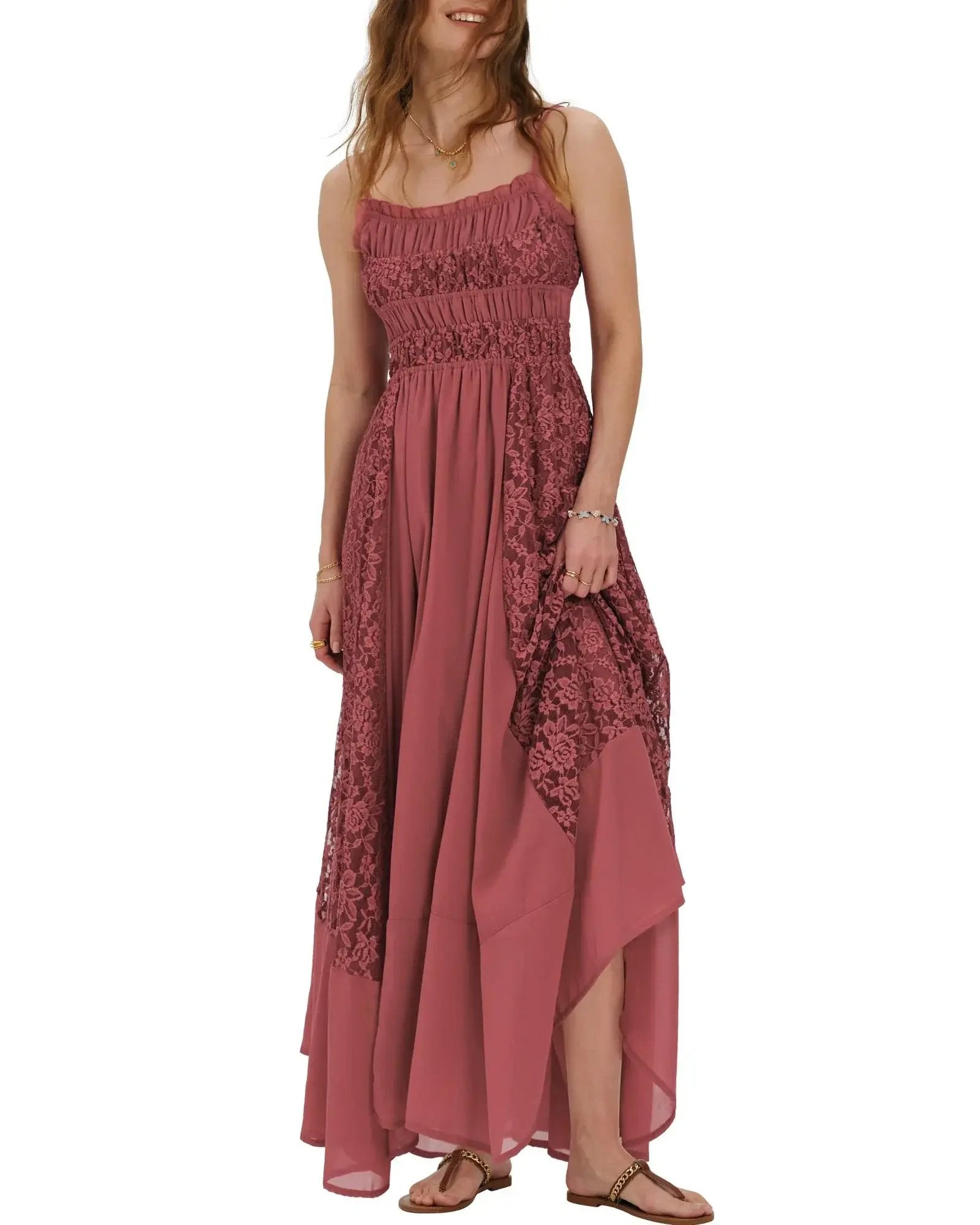 Prime Parcel women's Gacaky summer dress with floral lace embroidery, bohemian maxi style, flowy A-line design for beach or casual wear.