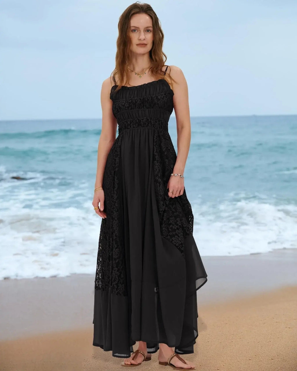 Prime Parcel women's bohemian maxi summer dress with lace floral embroidery, flowy A-line design, perfect for beach or casual wear.