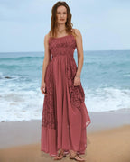 Prime Parcel women's summer dress featuring lace floral embroidery, bohemian maxi design, flowy A-line style, perfect for beach or casual wear.