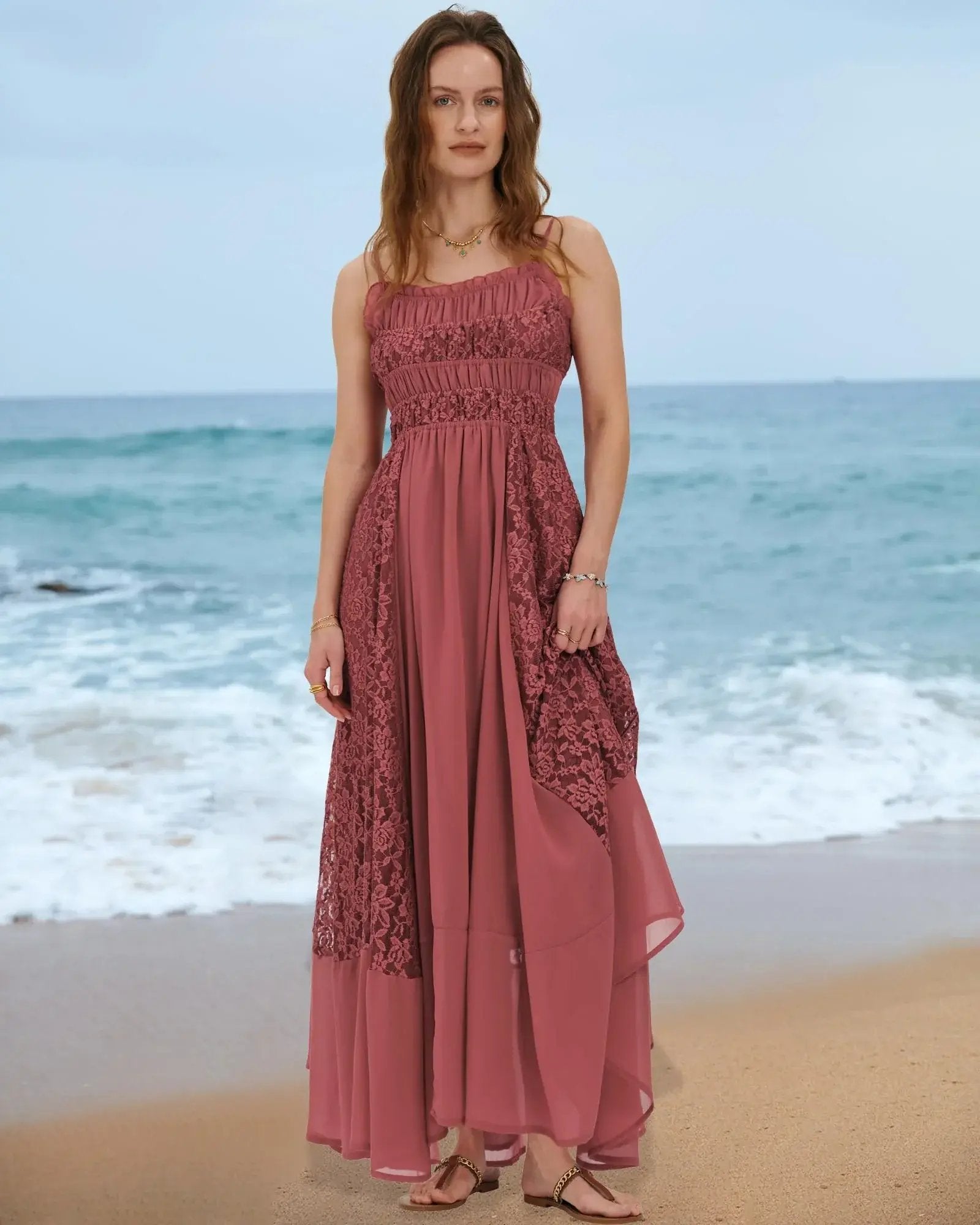 Prime Parcel women's summer dress featuring lace floral embroidery, bohemian maxi design, flowy A-line style, perfect for beach or casual wear.