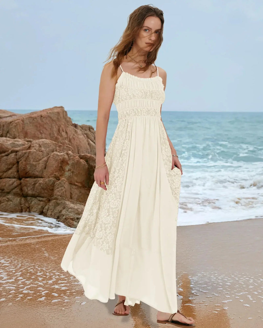Prime Parcel women's bohemian maxi summer dress with lace, floral embroidery, flowy A-line design, perfect for beach and casual wear