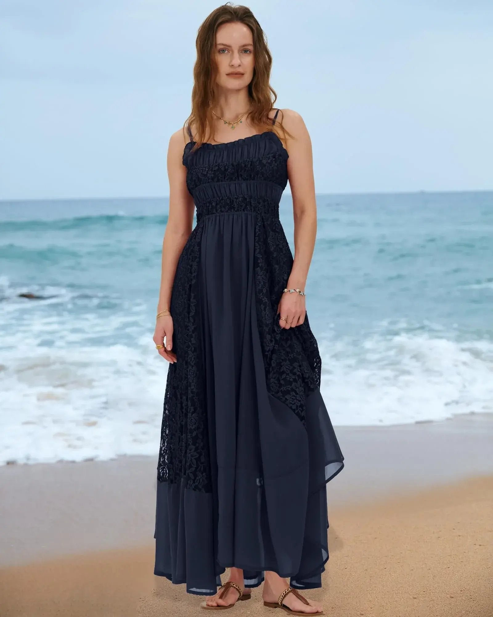 Gacaky Summer Dress for Women Casual Lace Floral Embroidered Bohemian Maxi Dress Flowy A Line Beach Long Dresses.
