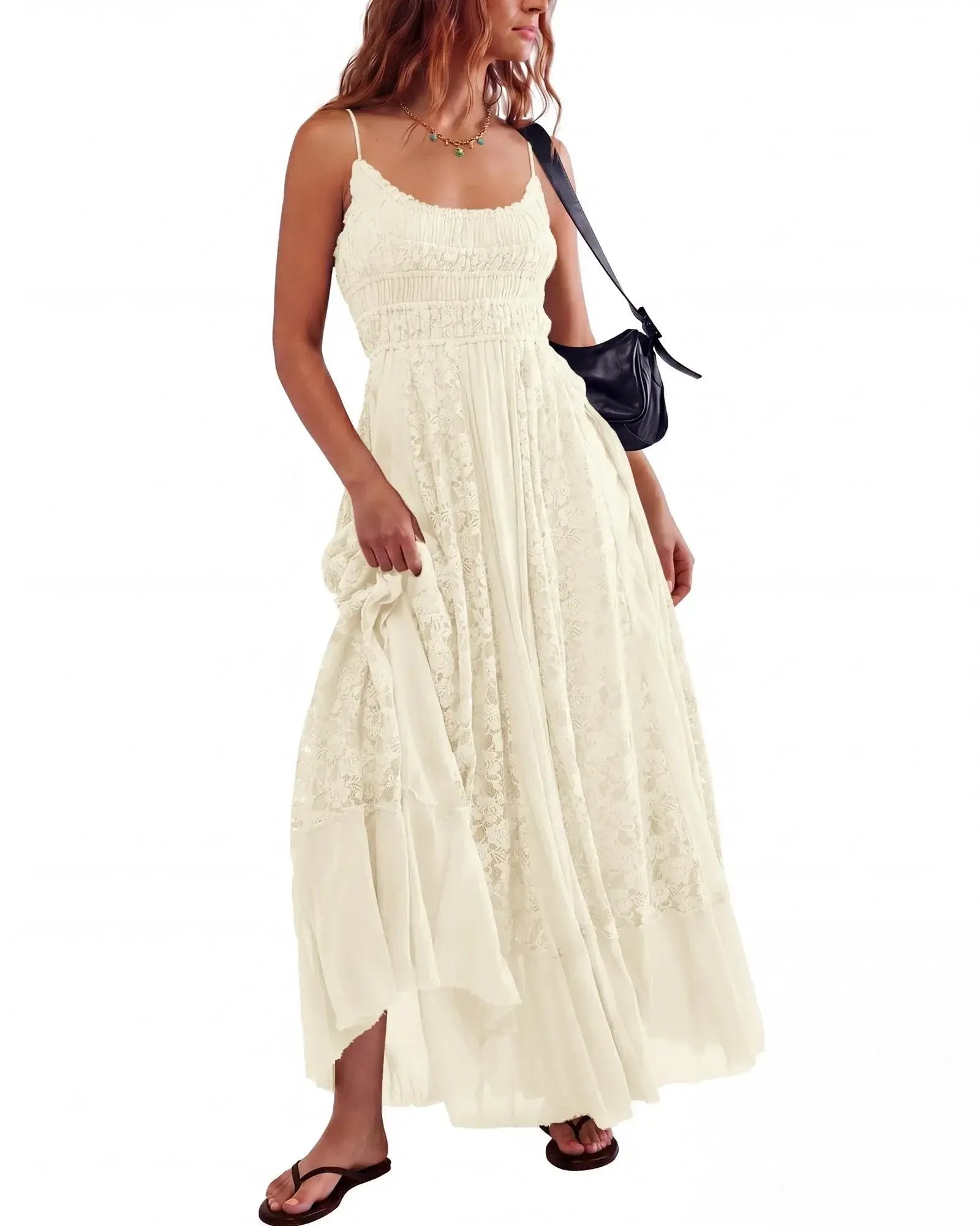 Gacaky Summer Dress for Women Casual Lace Floral Embroidered Bohemian Maxi Dress Flowy A Line Beach Long Dresses.