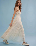 Prime Parcel women's bohemian summer maxi dress with lace floral embroidery, flowy A-line design, perfect for beach or casual wear.