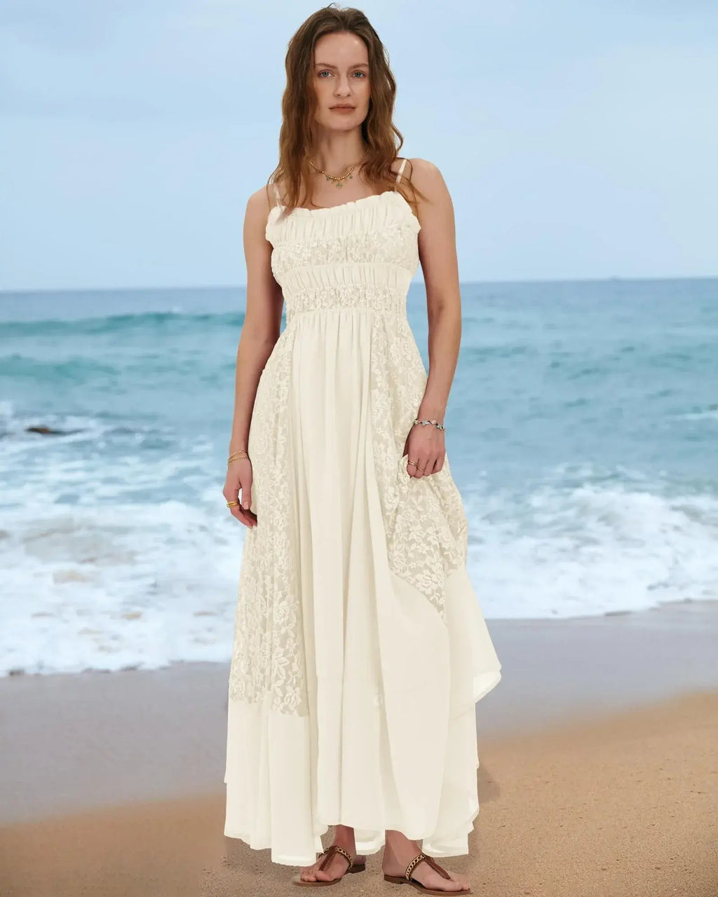 Prime Parcel women's bohemian summer dress with lace, floral embroidery, flowy maxi style, and A-line design perfect for beach wear.