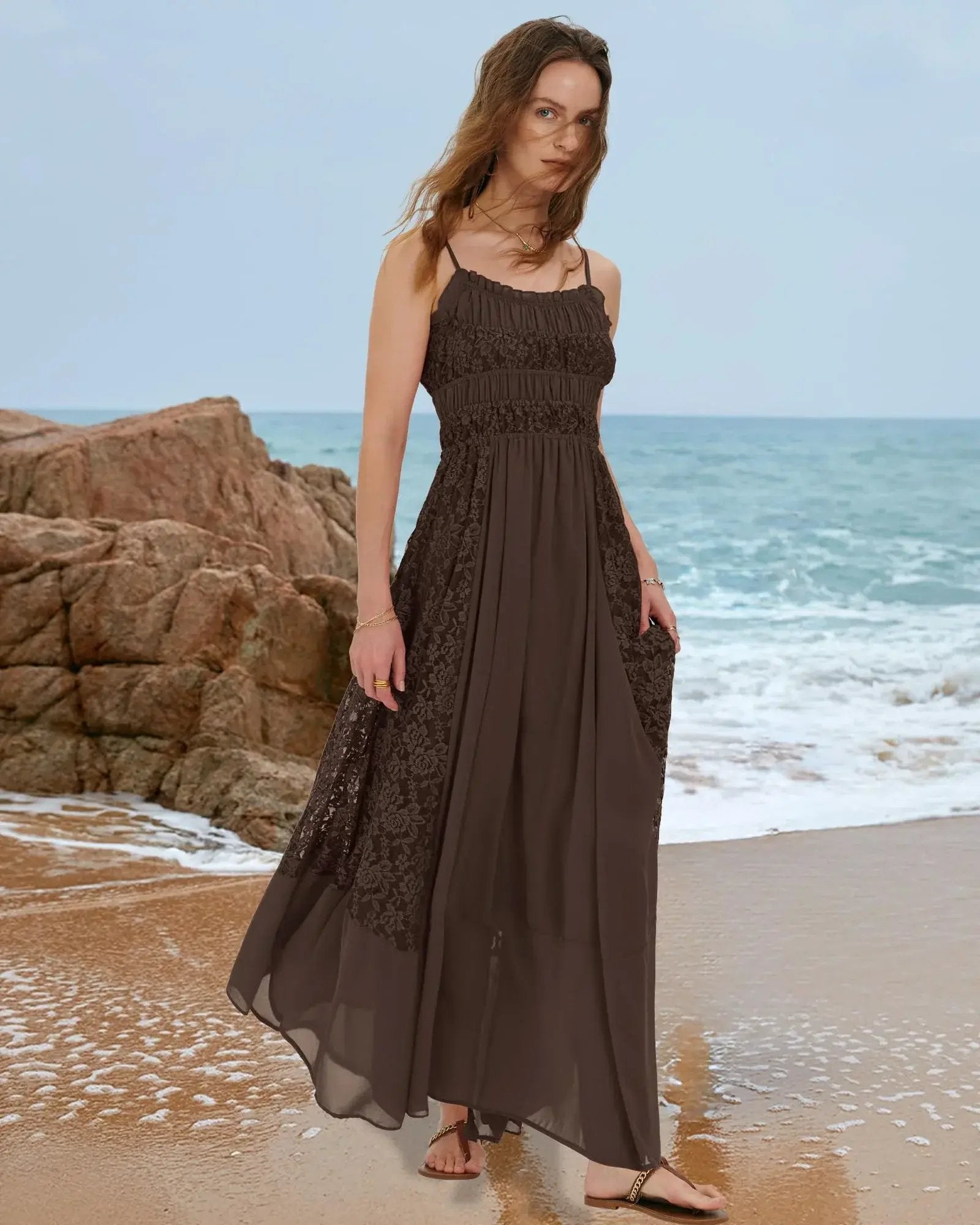 Gacaky Summer Dress for Women Casual Lace Floral Embroidered Bohemian Maxi Dress Flowy A Line Beach Long Dresses.