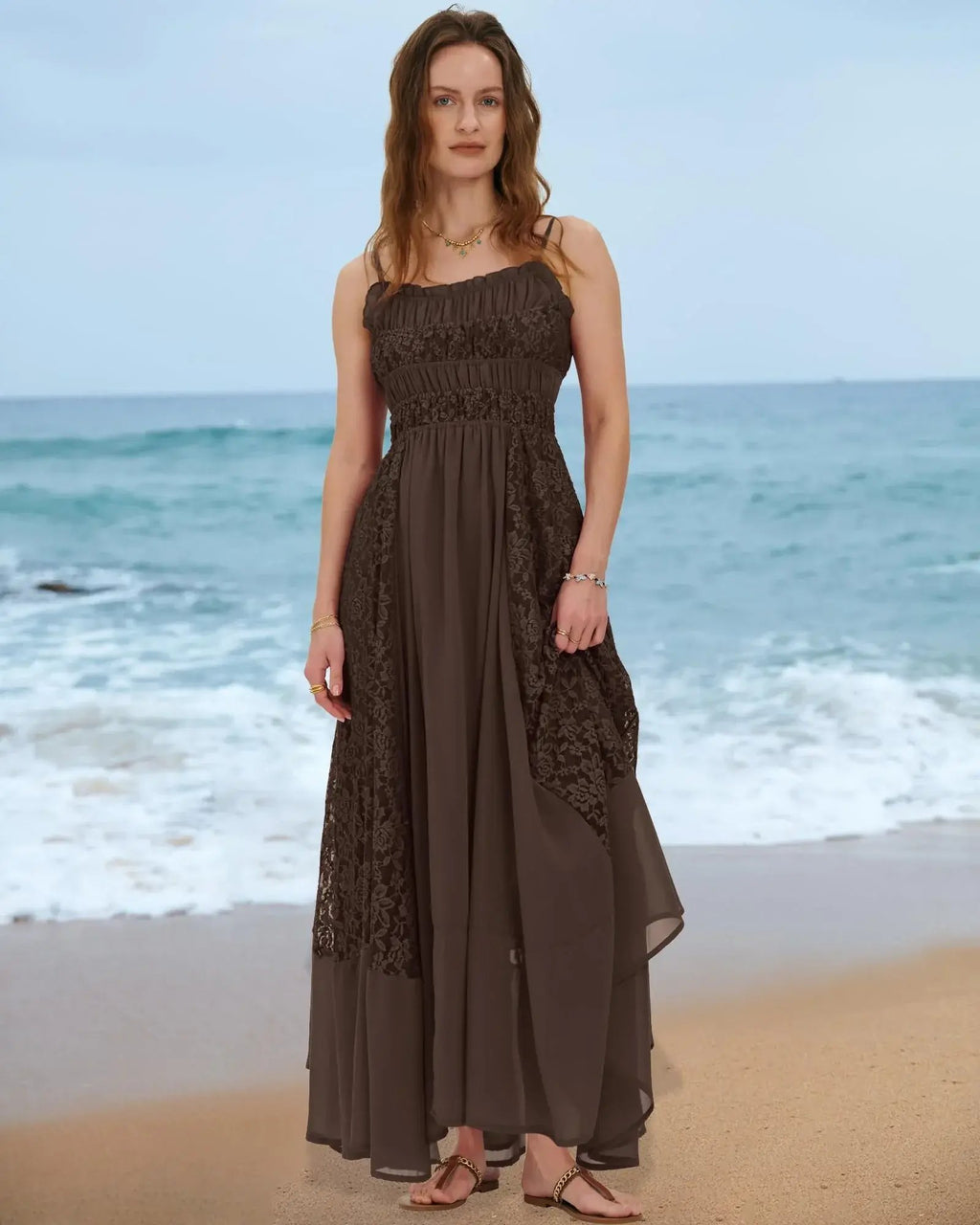 Gacaky Summer Dress for Women Casual Lace Floral Embroidered Bohemian Maxi Dress Flowy A Line Beach Long Dresses.