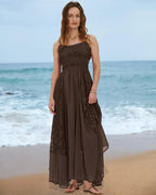 Gacaky Summer Dress for Women Casual Lace Floral Embroidered Bohemian Maxi Dress Flowy A Line Beach Long Dresses.