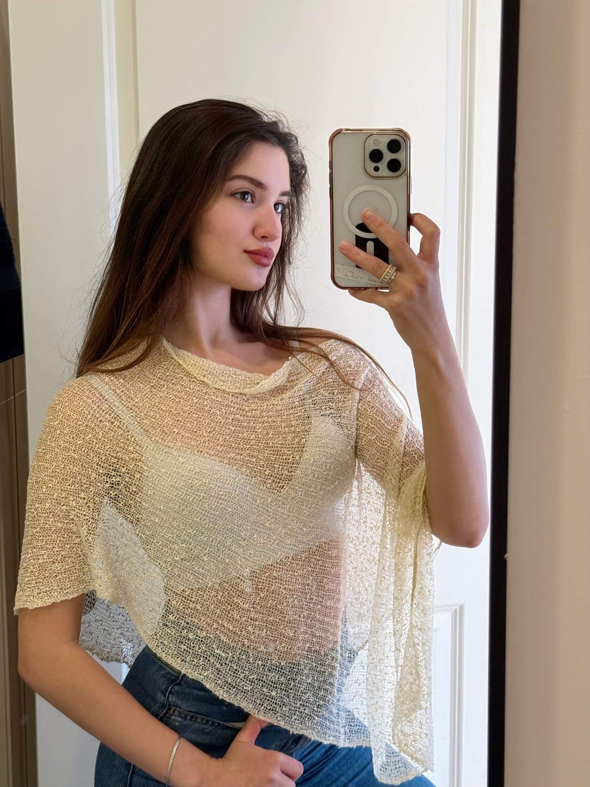 Prime Parcel women's sheer crochet poncho shrug, lightweight knit mesh cover-up for summer, stylish and breathable.