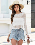 Prime Parcel women's sheer knit crochet shrug cover-up, lightweight summer poncho with mesh design and open front style.