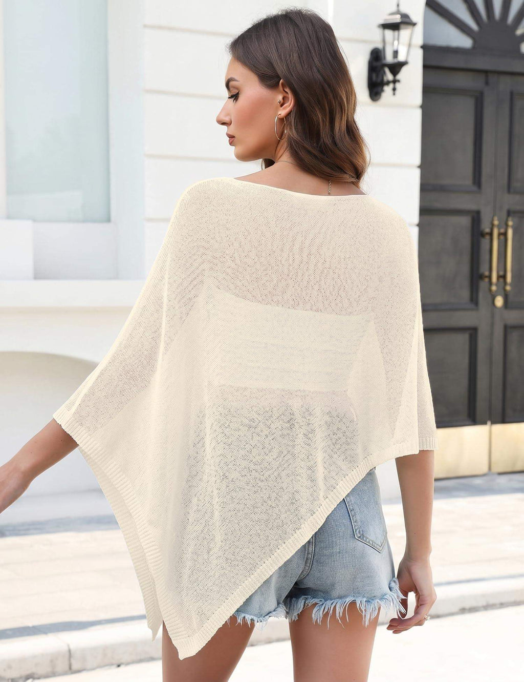 Prime Parcel women's sheer knit crochet poncho shrug with lightweight mesh cover-up design for summer wear.