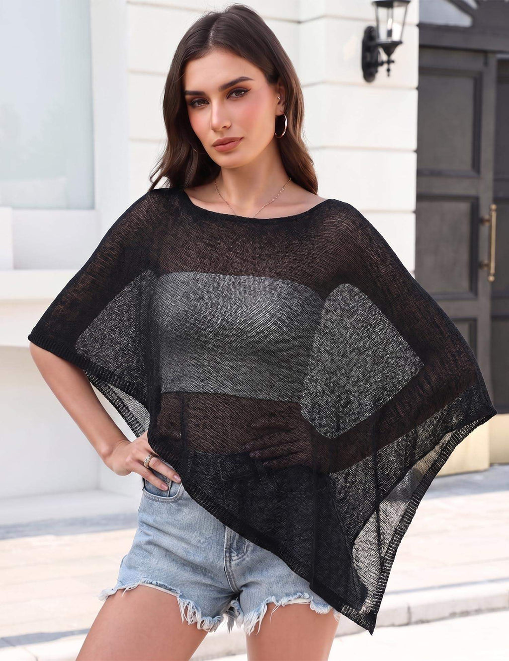 Prime Parcel women's sheer crochet poncho shrug, lightweight knit mesh cover-up, perfect for summer layering.