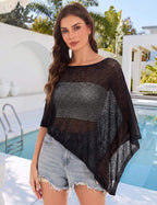 Prime Parcel women's sheer knit poncho shrug, lightweight crochet mesh cover-up perfect for summer wear.