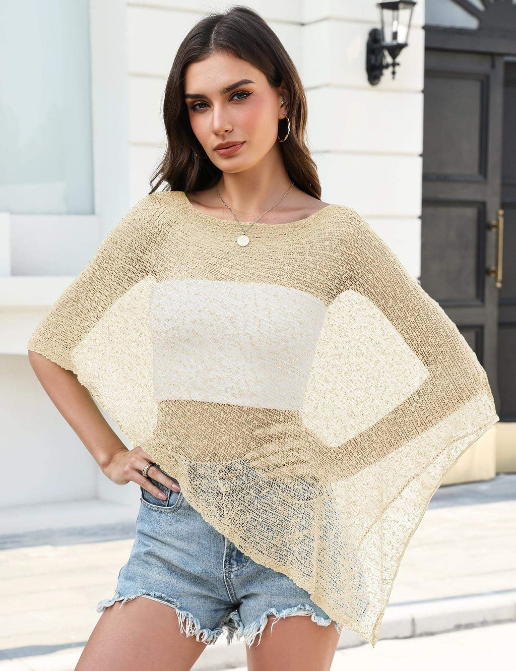 Prime Parcel women's sheer knit crochet poncho shrug with lightweight mesh cover-up, perfect for summer fashion.