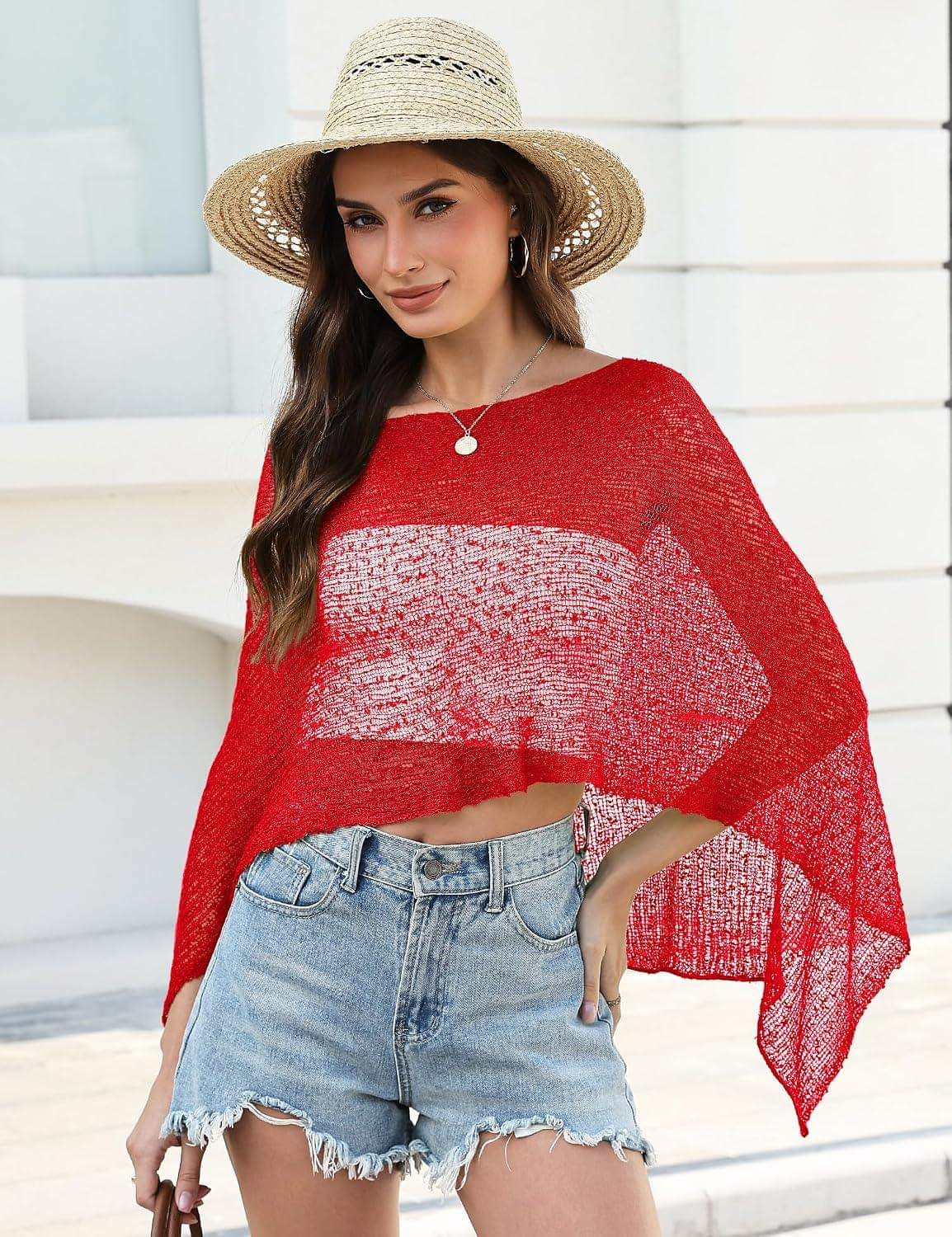 Prime Parcel women's sheer crochet poncho shrug, lightweight knit mesh cover-up perfect for summer wear.