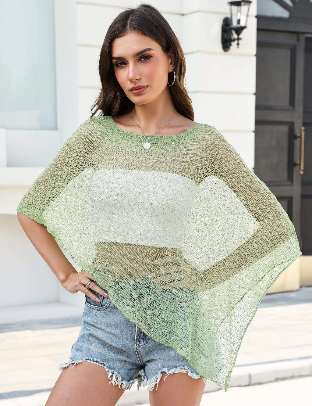Prime Parcel women's sheer crochet poncho shrug, lightweight knit mesh cover-up perfect for summer wear.