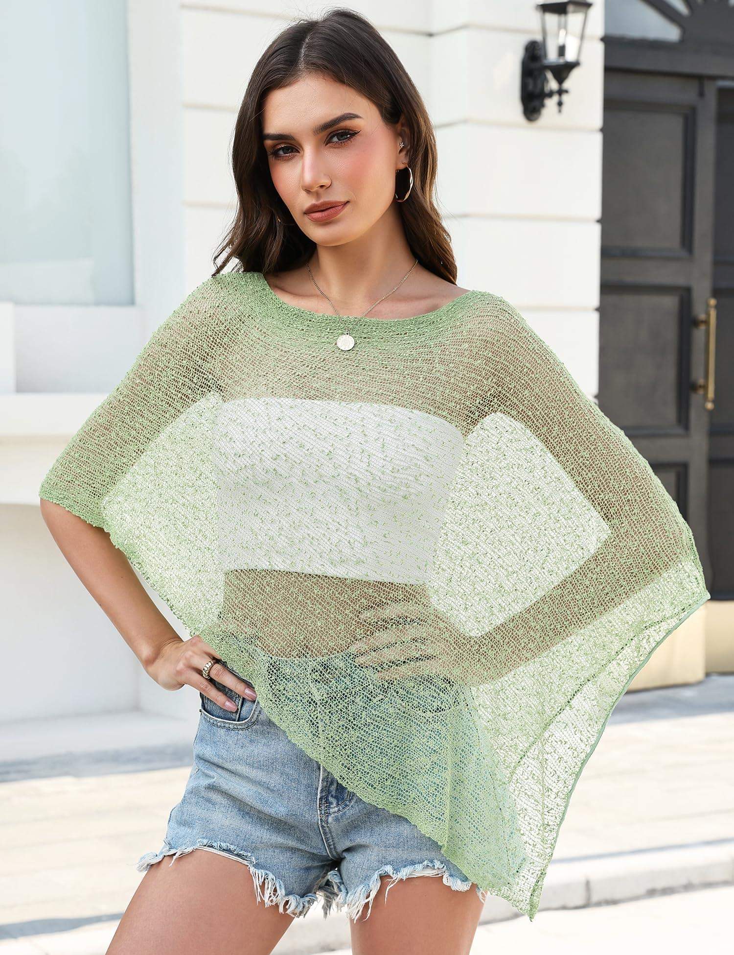 Prime Parcel women's sheer crochet poncho shrug, lightweight knit mesh cover-up perfect for summer wear.