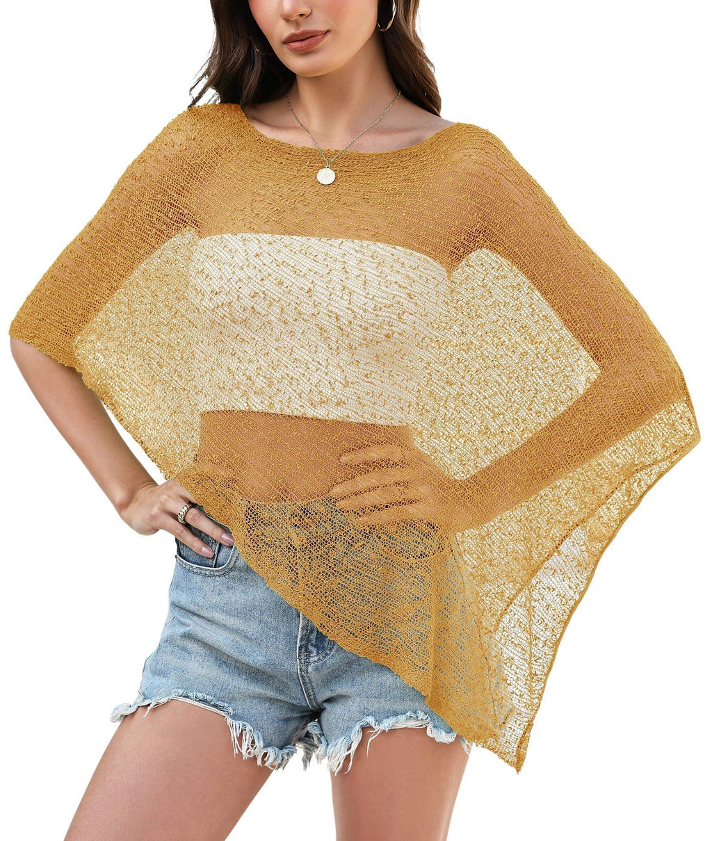 Prime Parcel women's sheer knit poncho shrug with crochet design, lightweight mesh cover-up for summer wear.