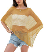 Prime Parcel women's sheer knit poncho shrug with crochet design, lightweight mesh cover-up for summer wear.