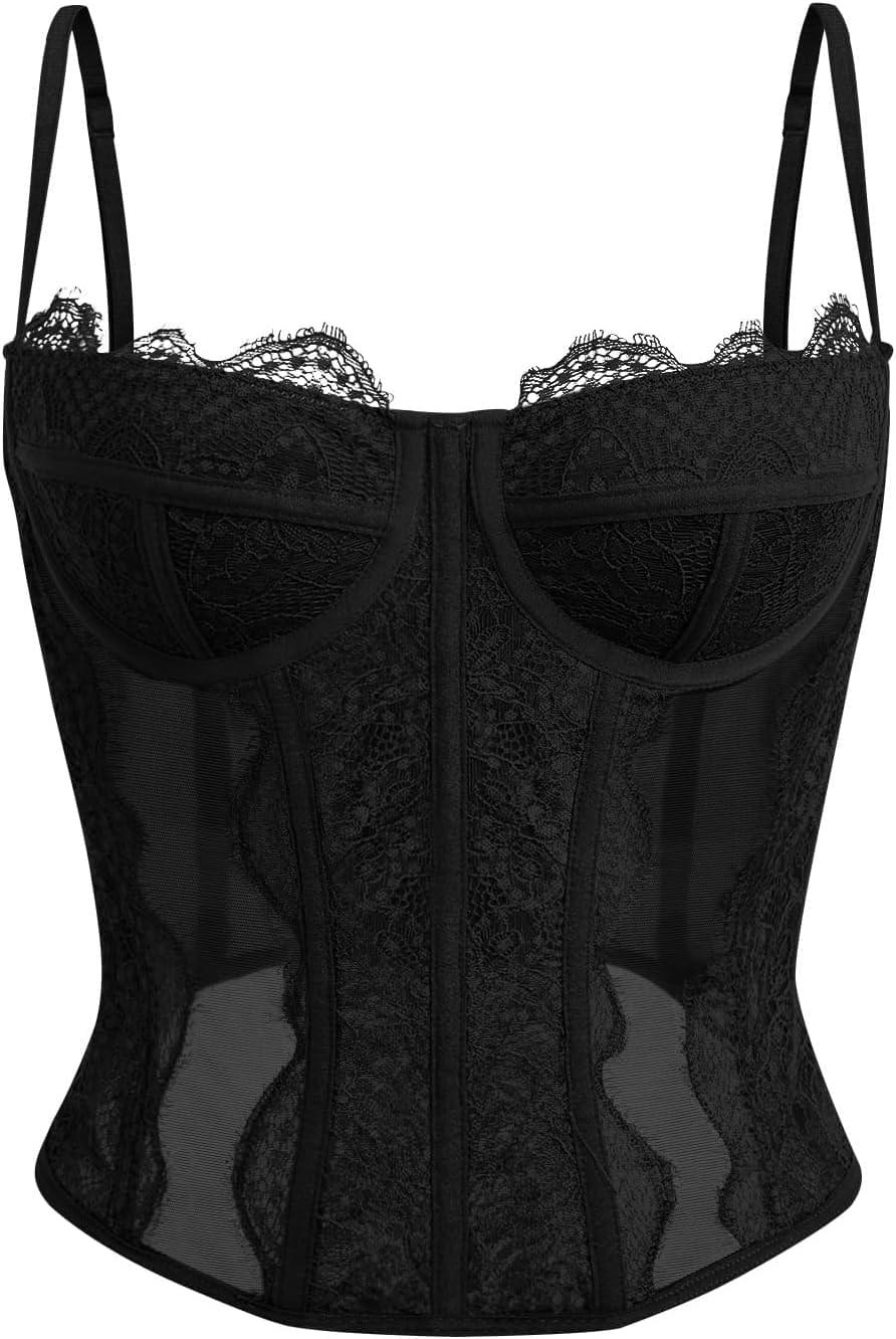 Women's lace corset top with mesh bustier crop tank design for party and casual fashion