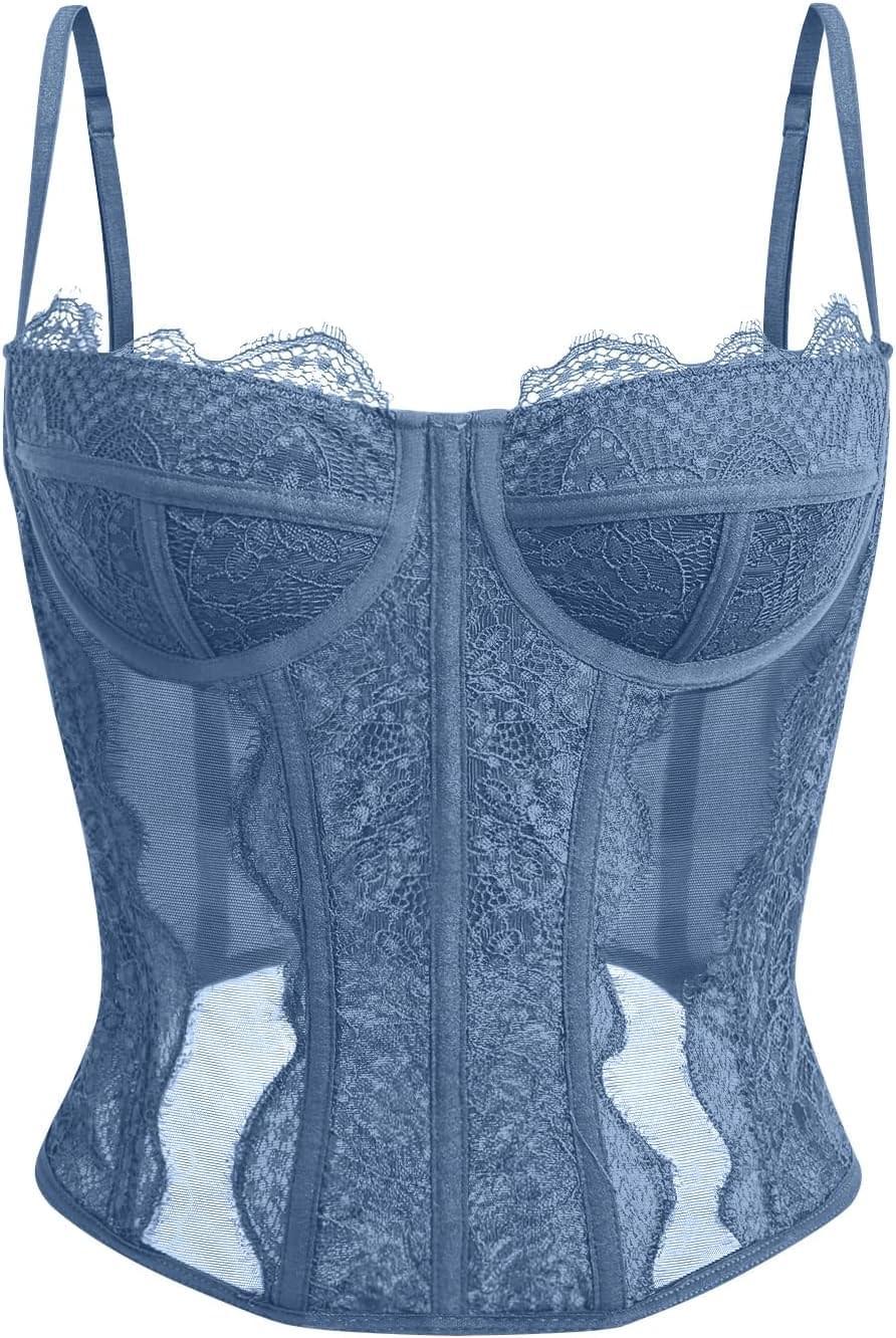 Women's lace corset top with mesh bustier crop tank design for party and casual fashion