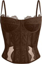 Brown Dealmore lace corset top for women, mesh bustier crop tank by Style Point BD, slim fit ribbed stretchable design for parties and nights out