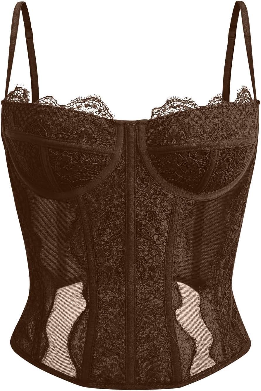 Brown Dealmore lace corset top for women, mesh bustier crop tank by Style Point BD, slim fit ribbed stretchable design for parties and nights out