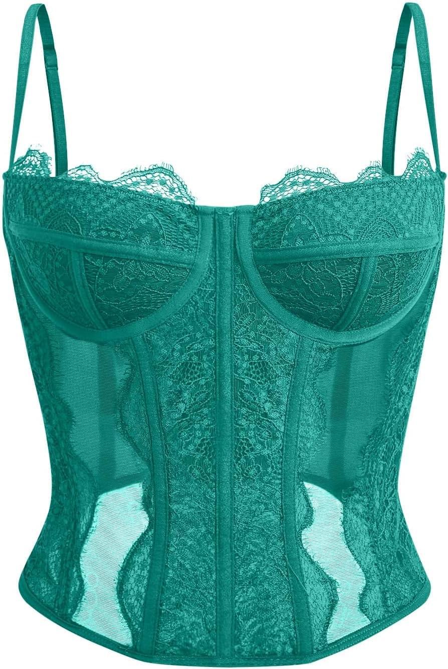 Women's lace corset top with mesh bustier crop tank design for party and casual fashion