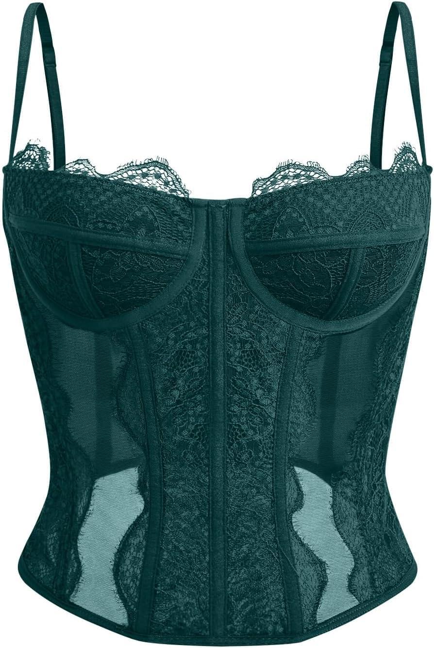 Women's lace corset top with mesh bustier crop tank design for party and casual fashion